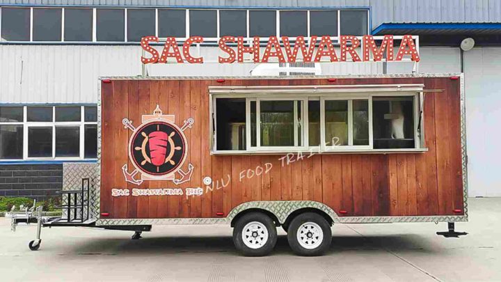 5M square food trailer with wood grain sticker